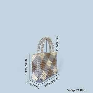 Detailed view of handmade beaded tote with diamond pattern and dimensions 22x18x9cm