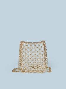 Metallische Perlen-Umhängetasche mit Goldkette und gewebtem Rautenmuster-Design