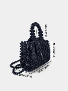 Borsa a tracolla fatta a mano con perle nere, dimensioni 20x14cm con manico