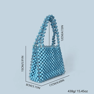 Blue beaded handbag dimensions show 17cm width and 15cm height with top handle