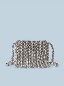 Handmade silver beaded crossbody bag with metallic beads and long shoulder strap