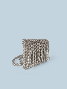 Silver hand-woven beaded crossbody bag with tassels and metallic shoulder strap