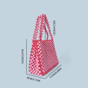 Pink beaded handbag with size dimensions 17cm by 15cm and pearl style handle