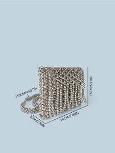 Silver beaded woven crossbody bag with long shoulder strap and dimensions 18x15x2cm