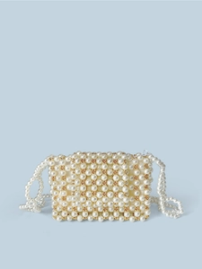 Sac Bandoulière Fait Main en Künstliche Perles d'Imitation Vintage Français Pour Femmes Luxe Or Crème Damier Tissé Petit Sac Épaule