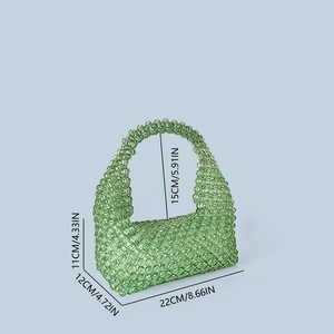 Detailed size specifications for handmade green beaded acrylic tote bag dimensions