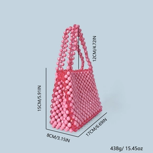 Detailed size specifications for the pink beaded handbag with dimensions and weight