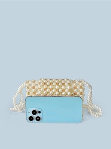Sac à bandoulière fait main en perles dorées et blanches avec fermeture à glissière