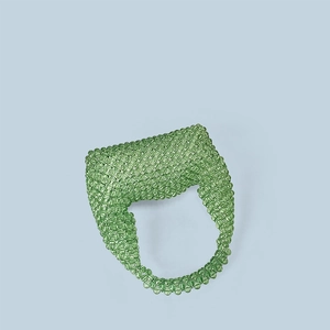 Detail of hand-woven green acrylic beaded tote bag with a unique circular ring handle