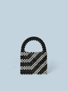 Handmade Beaded Handbag Black Silver Striped Vintage Elegant Evening Bag Women Mini Bucket Bag Fashion Accessory