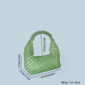 Detailed size specifications for the green acrylic beaded tote bag with dimensions and weight