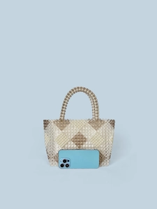 Handmade beaded tote bag with geometric diamond pattern and transparent amber beads