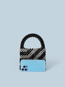 Mini beaded bucket bag with black and silver stripes for formal dinner occasions