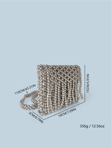 Detailed size specifications for silver beaded crossbody bag with 110cm shoulder strap