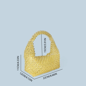 Detail of yellow handmade woven beaded tote bag with dimensions on a blue background