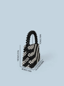 Retro handmade pearl beaded bucket bag with contrast stripes and size measurements