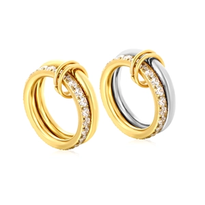 Moderner zweifarbiger Doppelring in Gold und Silber mit Pavé-besetzten Kristallen