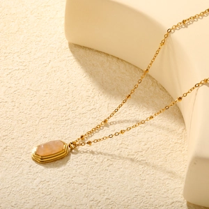 Hexagon Pink Crystal Pendant Necklace Stainless Steel 18K Gold Plated Satellite Bead Chain Vintage Jewelry Women
