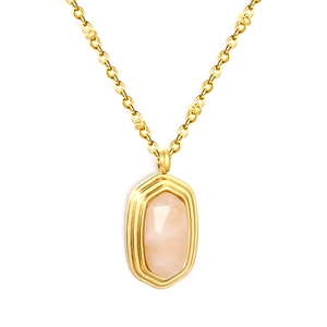Elegant 18K gold-plated necklace with hexagonal pink crystal pendant on white background