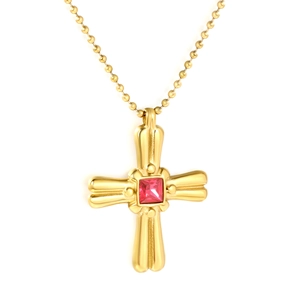 Collier croix en acier inoxydable doré avec zircon rouge carré sur chaîne à boules