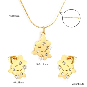 Parure bijoux fleur en acier inoxydable doré avec zircons, collier ajustable et boucles d'oreilles