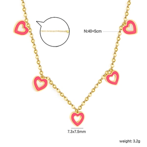 Golden stainless steel necklace with five pink enamel heart pendants and pearl accents