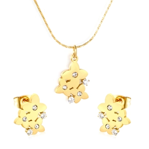 Parure collier et boucles d'oreilles fleur dorée avec cristaux brillants pour femme