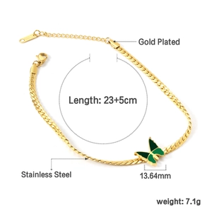 Gold plated stainless steel butterfly anklet with green enamel and flat snake chain
