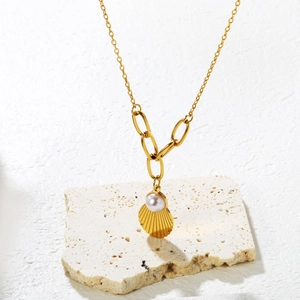 Collier pendentif coquillage doré avec perle sur pierre, bijoux raffinés style bohème