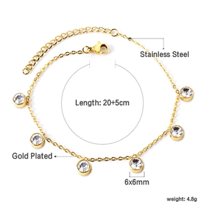 Detail view of 18K gold plated stainless steel anklet with 6mm cubic zirconia charms