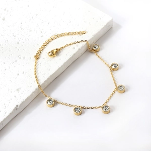 18K gold plated stainless steel anklet with six round sparkling crystal zircons