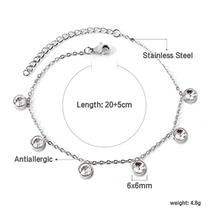 Detail of stainless steel anklet showing 6x6mm round zircons and length measurements