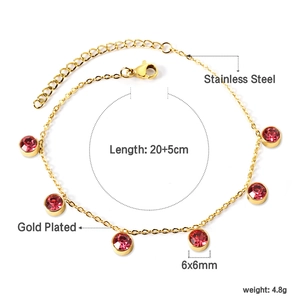 Detail of gold plated stainless steel anklet with five 6x6mm pink round cubic zirconia