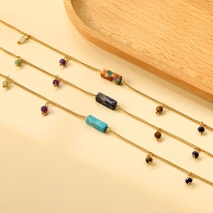 Anklet Gold Plated Stainless Steel Natural Stone Colorful Beads Rectangle Pendant Adjustable Heart Charm Bohemian Jewelry Women