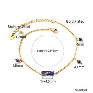 Detail showing gold plated stainless steel anklet with colorful beads and rectangle stone