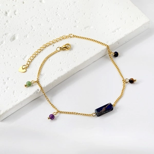 Gold stainless steel anklet with colorful beads and rectangular lapis lazuli stone