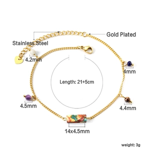 Detail view of gold stainless steel anklet with colorful beads and lobster clasp closure