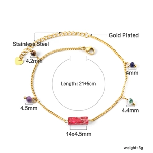 Detailed view of gold plated stainless steel anklet with colorful beads and dimensions