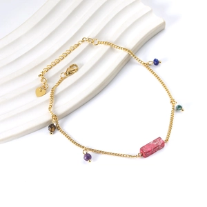 Bohemian gold stainless steel anklet with colorful mineral beads and red stone pendant
