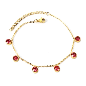 18K gold plated anklet featuring six round red rhinestones with adjustable lobster clasp
