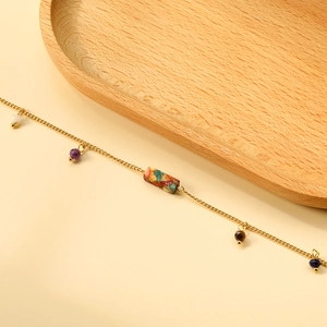 Minimalist gold stainless steel anklet with colorful beads and rectangular gemstone charm