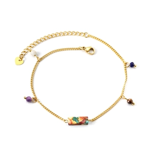Bohemian gold stainless steel anklet featuring colorful beads and rectangular resin stone
