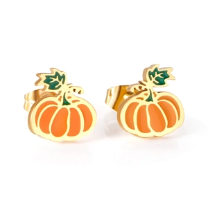 Goldene Kürbis-Ohrstecker aus Edelstahl mit orangefarbener Emaille für Halloween