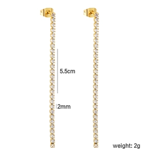 Detailed view of long gold tassel earrings with zircon stones and precise 5.5cm measurement