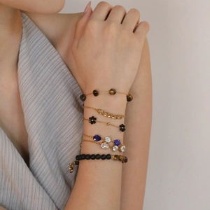 Stainless Steel Bracelet For Women Gold Plated Tiger Eye Stone Beaded Zircon Water Drop Flower Cuban Link Design Accessory
