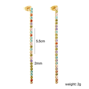 Detail view of 5.5cm rainbow zircon drop earrings with gold-plated stainless steel base