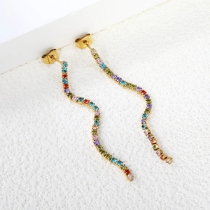 Rainbow cubic zirconia wavy tassel earrings with gold-plated metal drop chains
