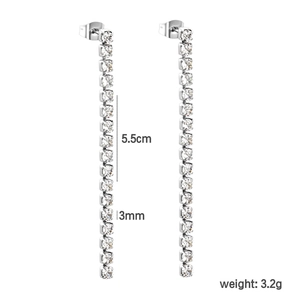Detailed view of long zircon tassel earrings with 5.5cm length and 3mm stone width