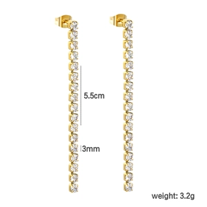 Detail view of 5.5cm gold linear earrings with round cubic zirconia and size dimensions