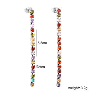 Detail view of colorful zircon tassel earrings showing 5.5cm length and size specs
